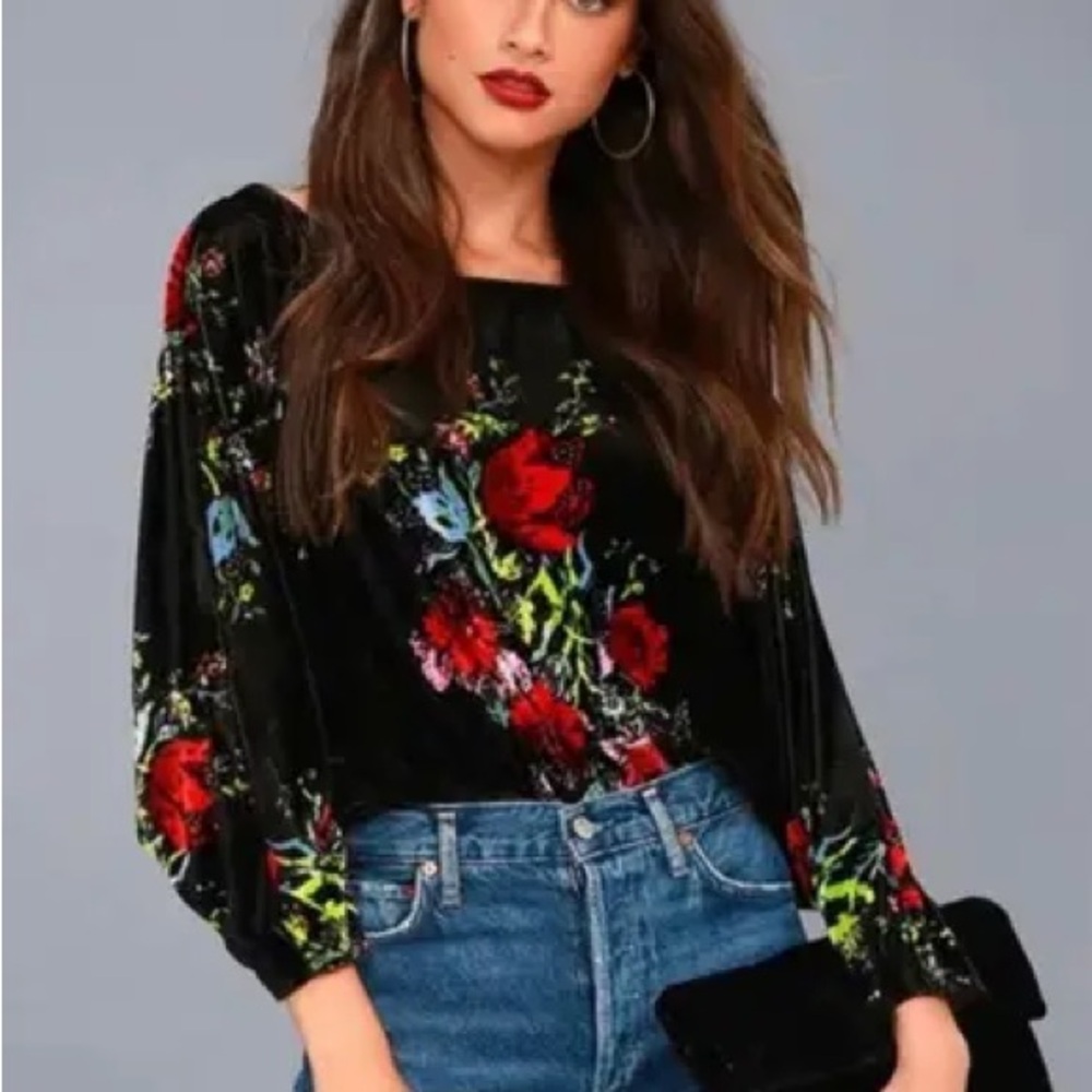 Free People Floral Black Velvet Bodysuit